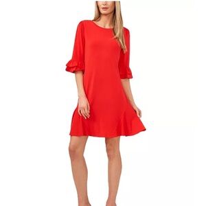 CeCe Cherry Red‎ Elbow Sleeves Tiered Ruffle cuffs Knee Length Dress Size XS NEW